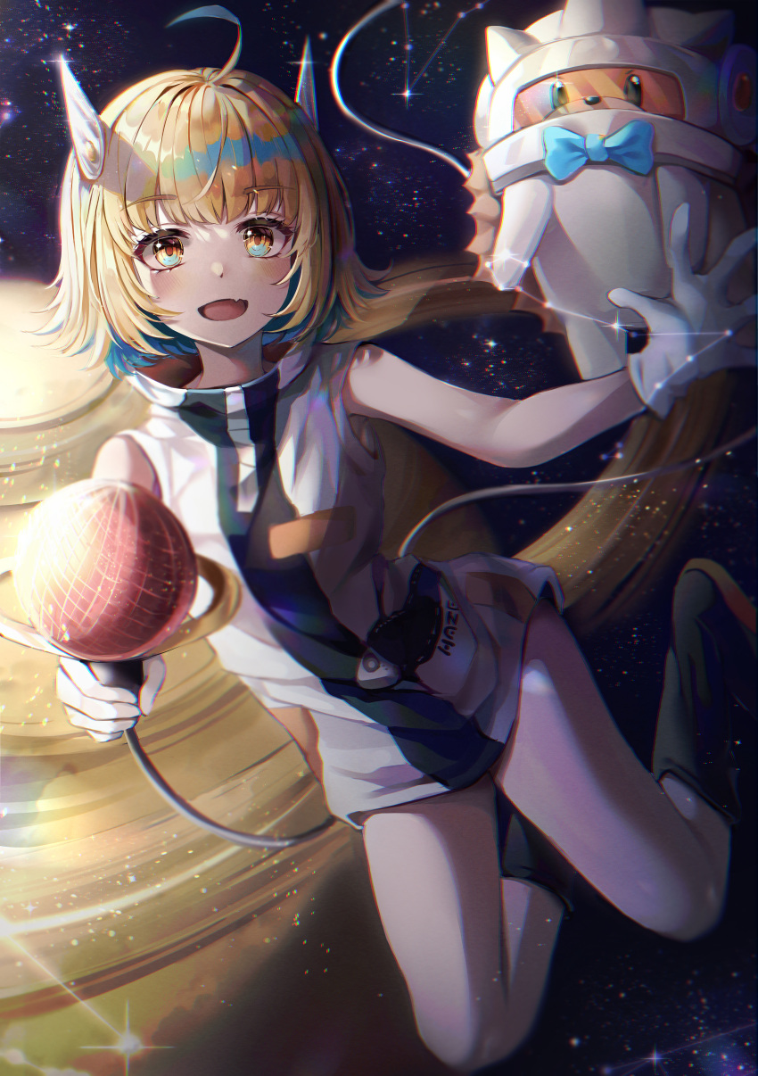 1girl absurdres ahoge animal bangs bare_shoulders black_footwear blonde_hair blue_bow blue_neckwear blunt_bangs blush boots bow bowtie breasts character_request chromatic_aberration constellation dress eyebrows_visible_through_hair fang full_body gloves highres holding huge_filesize looking_at_viewer mirage_(rairudiseu) saturn_(planet) short_hair skin_fang sleeveless sleeveless_dress small_breasts solo space spacesuit white_dress white_gloves yellow_eyes zutto_mayonaka_de_ii_no_ni