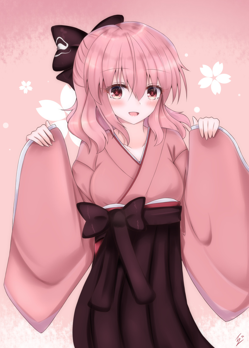 1girl absurdres alternate_costume arms_up blush bow cherry_blossoms commentary_request cowboy_shot eyebrows_visible_through_hair gradient gradient_background hair_between_eyes hair_bow hakama_skirt highres ibuibuyou japanese_clothes kimono long_sleeves looking_at_viewer meiji_schoolgirl_uniform parted_lips pink_background pink_eyes pink_hair pink_kimono saigyouji_yuyuko short_hair signature sleeve_hold solo standing taishou touhou wide_sleeves