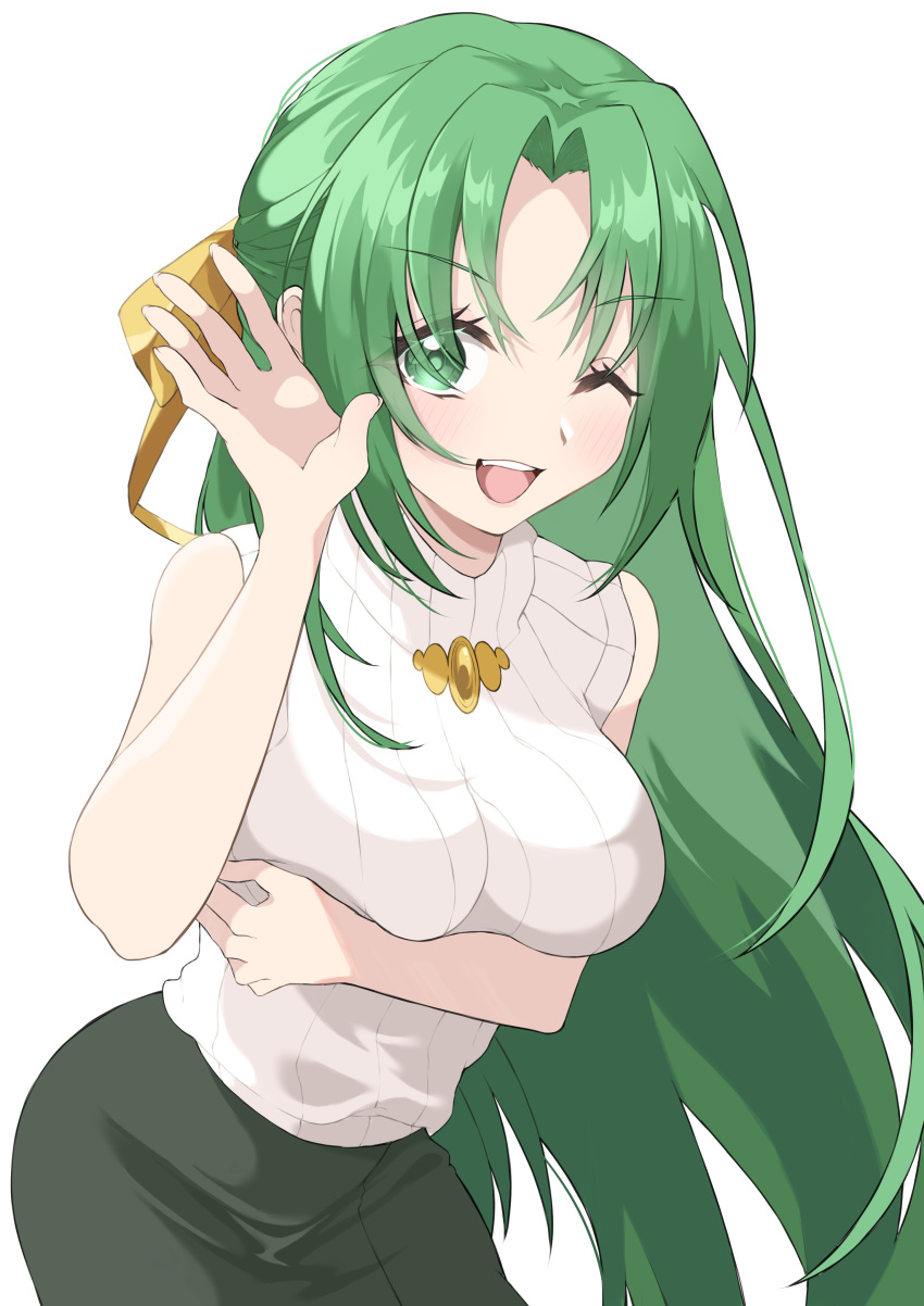 1girl ;d absurdres arm_under_breasts bangs bare_shoulders black_skirt blush breasts commentary eyebrows_visible_through_hair green_eyes green_hair hair_ribbon hand_up highres higurashi_no_naku_koro_ni hitokuchi_(gg_chestnut) large_breasts long_hair looking_at_viewer one_eye_closed open_mouth parted_bangs pencil_skirt ribbed_sweater ribbon simple_background skirt sleeveless_sweater smile solo sonozaki_shion standing sweater upper_teeth very_long_hair waving white_background white_sweater yellow_ribbon
