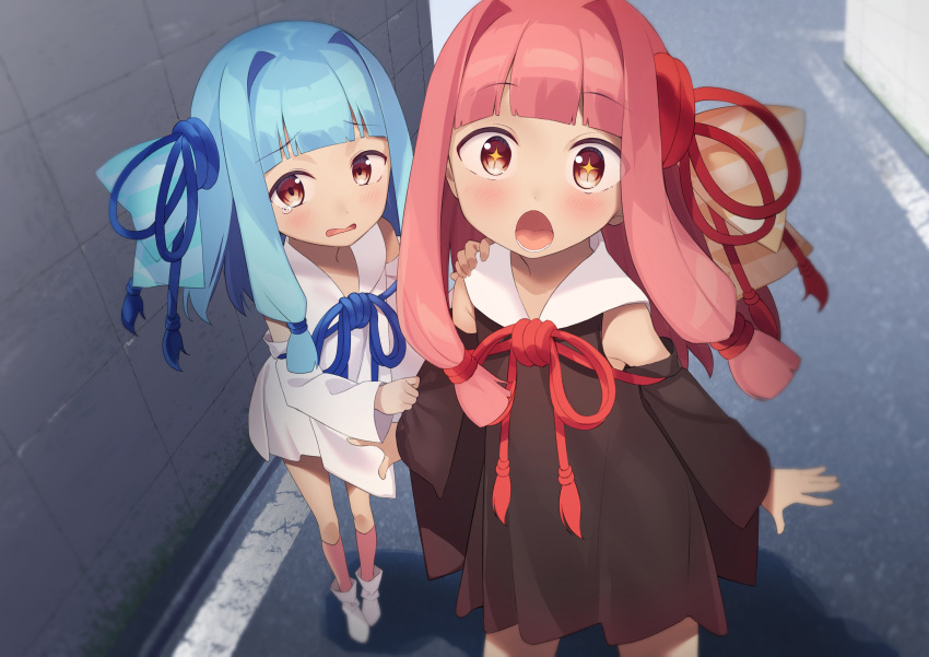 2girls absurdres bangs bare_shoulders black_dress black_sleeves blue_hair blue_ribbon blunt_bangs child commentary detached_sleeves dress hair_ribbon hand_on_another's_shoulder highres japanese_clothes kotonoha_akane kotonoha_aoi looking_at_viewer multiple_girls open_mouth parutoneru pink_eyes pink_hair red_ribbon ribbon road sailor_collar siblings sisters sparkling_eyes street tears voiceroid white_dress white_sleeves