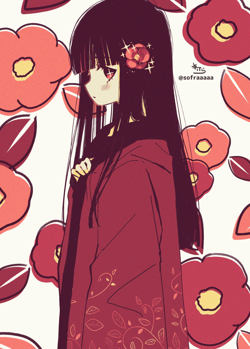 1girl absurdres bangs black_hair blunt_bangs blush closed_mouth commentary_request copyright_request eyebrows_behind_hair floral_background flower from_side grey_background hair_flower hair_ornament highres japanese_clothes kimono long_hair profile red_eyes red_flower red_kimono signature sofra solo sparkle standing twitter_username