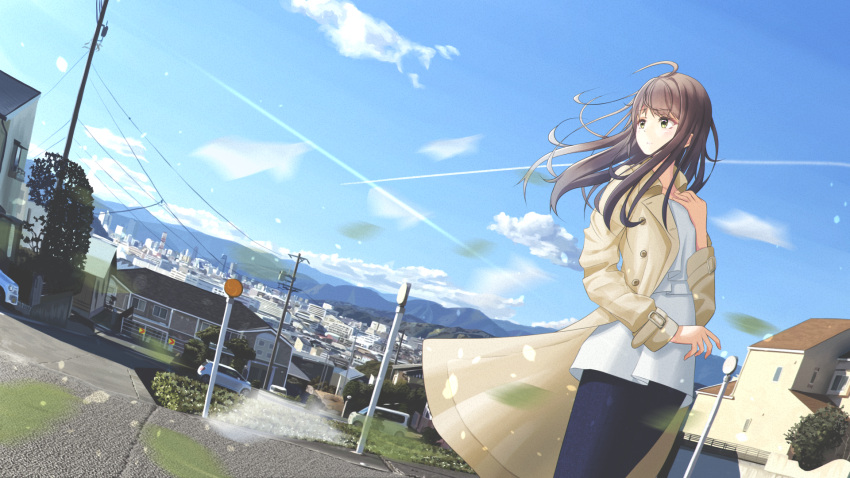1girl ahoge arm_up blouse blue_blouse blue_skirt blue_sky brown_eyes brown_hair car city clouds coat condensation_trail day dutch_angle expressionless feet_out_of_frame ground_vehicle hair_blowing hand_on_own_chest highres house long_hair looking_to_the_side motor_vehicle mountainous_horizon open_clothes open_coat original outdoors parted_lips petals road scenery sena_(illust_sena) skirt sky solo standing utility_pole very_long_hair wind wind_lift yellow_coat