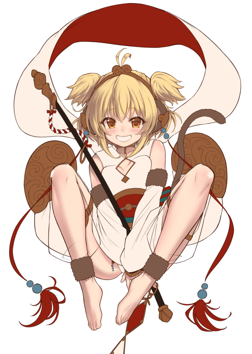 1girl :d alphy andira_(granblue_fantasy) animal_ears antenna_hair bangs barefoot between_legs blonde_hair blush breasts collarbone detached_sleeves erune granblue_fantasy grin hagoromo hand_between_legs highres knees_up leotard looking_at_viewer monkey_ears monkey_girl monkey_tail open_mouth sash see-through_sleeves shawl short_hair sidelocks simple_background sleeveless small_breasts smile solo symbol_commentary tail twintails two_side_up white_background white_leotard wide_sleeves