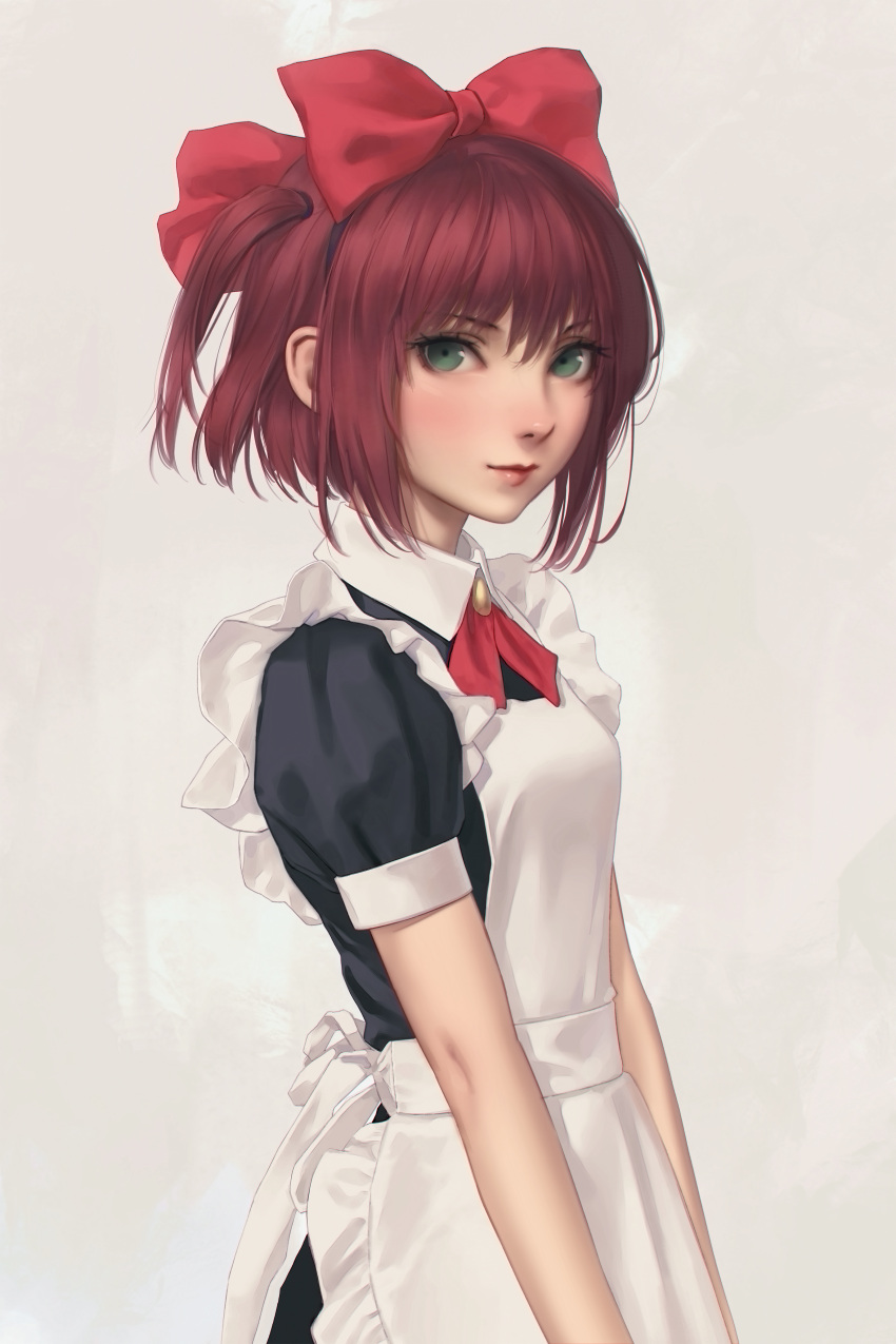 1girl absurdres apron bad_id black_dress bow breasts brown_hair closed_mouth dress female frills green_eyes highres hiroishi_rin looking_at_viewer maid maid_apron miura-n315 red_bow red_neckwear simple_background smile solo standing zettai_shougeki