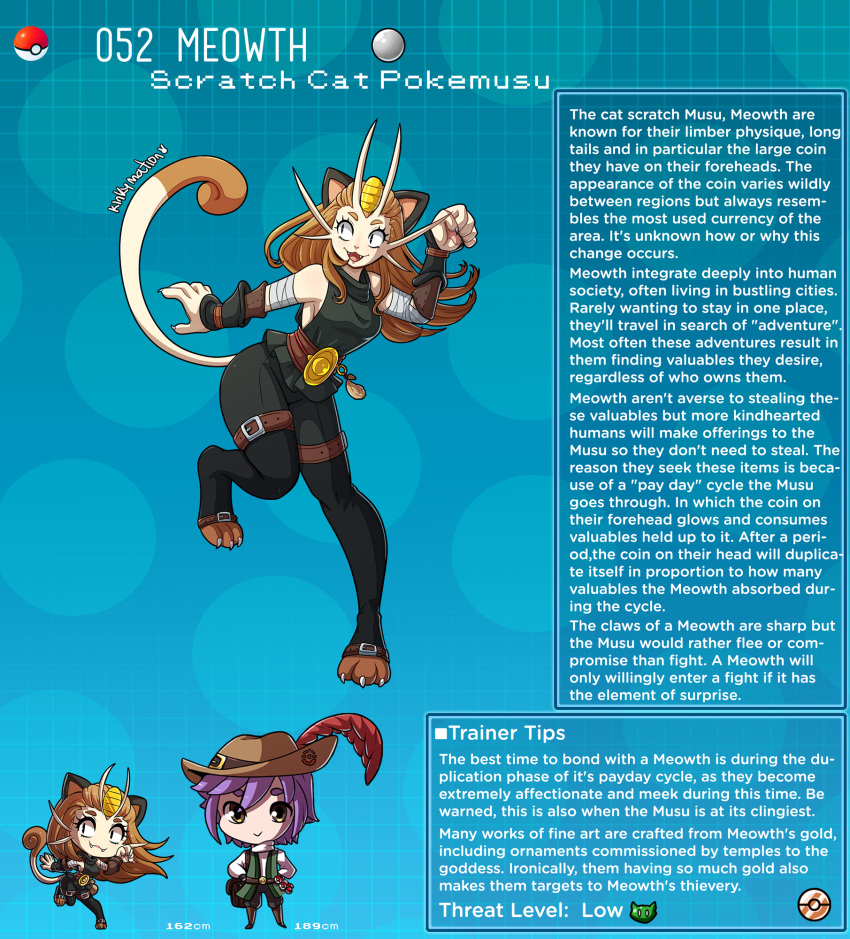 1boy 1girl animal_ears artist_name belt belt_pouch brown_hair cat_ears cat_girl character_name character_profile claws digitigrade english_commentary english_text fangs gen_1_pokemon hat highres kinkymation meowth open_mouth personification poke_ball pokemon pouch purple_hair standing standing_on_one_leg tail vambraces whiskers