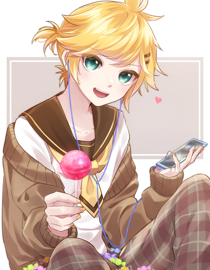 1boy aqua_eyes black_collar blonde_hair cable candy cellphone collar commentary earphones food giving hair_ornament hairclip heart highres holding holding_candy holding_food holding_lollipop holding_phone kagamine_len lollipop looking_at_viewer male_focus nail_polish necktie open_mouth pants phone plaid plaid_pants sailor_collar school_uniform shirt short_ponytail sitting smartphone smile soramame_pikuto spiky_hair vocaloid white_shirt yellow_nails yellow_neckwear