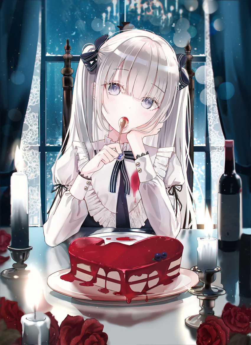 1girl bangs black_bow black_neckwear black_ribbon blueberry blunt_bangs blush bottle bow cake candle commentary english_commentary eyebrows_visible_through_hair flower food frilled_shirt_collar frills fruit hair_bow head_tilt heart highres holding holding_spoon indoors iren_lovel long_sleeves neck_ribbon original red_flower red_rose ribbon rose silver_hair solo spoon table twintails upper_body violet_eyes window wine_bottle