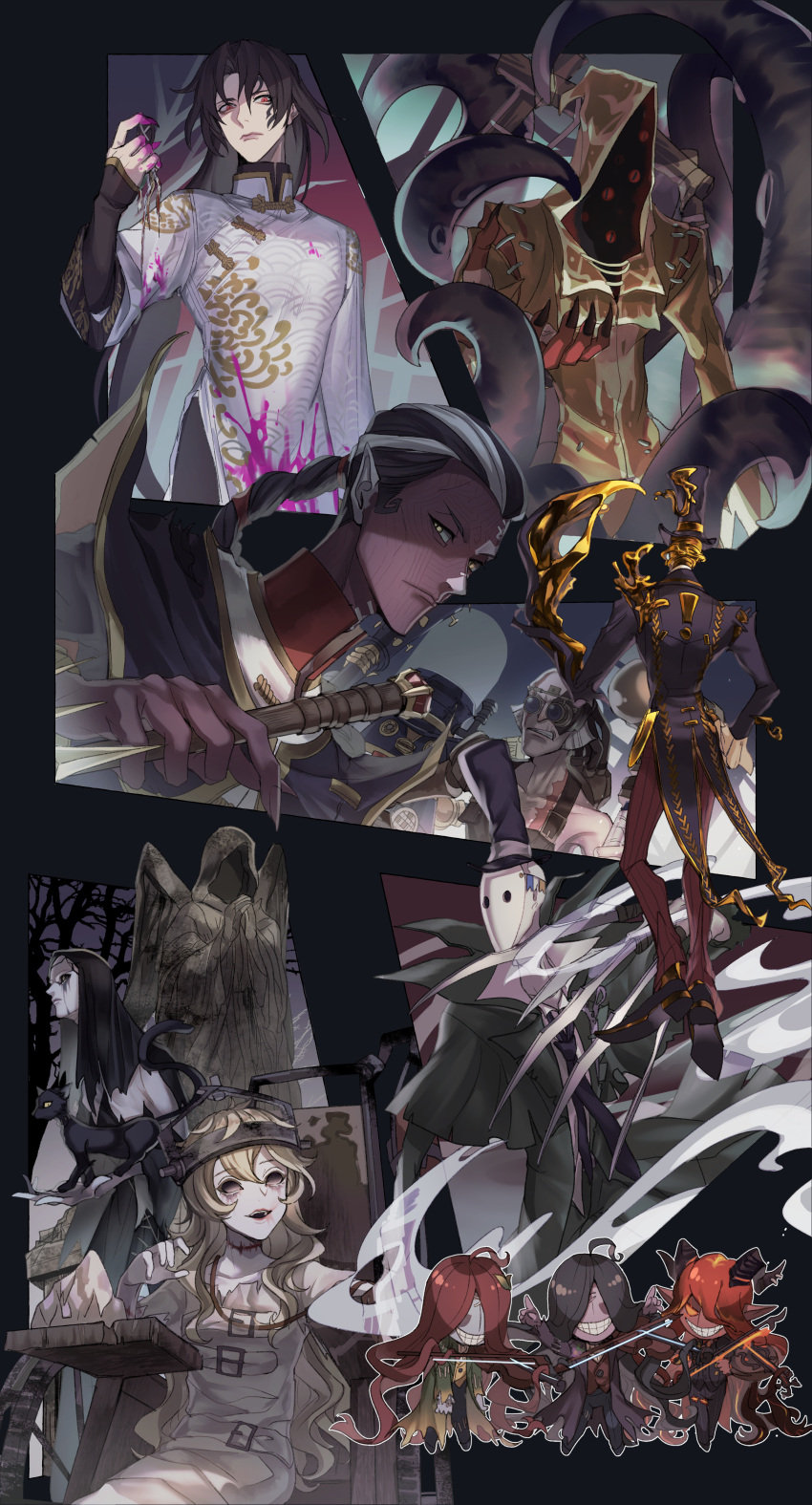 2girls 6+boys absurdres animal_on_arm ann_(identity_v) antonio_(identity_v) azu_(a23da0317) black_eyes black_hair black_neckwear black_sclera blonde_hair blood bloody_clothes bloody_hands bonbon_(identity_v) brown_robe burke_(identity_v) buttons cat chibi chinese_clothes claws coattails collarbone collared_shirt colored_sclera colored_skin eldritch_abomination expressionless extra_eyes fingernails formal galatea_(identity_v) goggles golden_tentacle_(identity_v) habit hair_over_eyes hastur_(identity_v) hat highres holding holding_weapon hood hood_up hooded_robe horn_piercing horns identity_v inferno_sonata_(identity_v) instrument intravenous_drip jack_(identity_v) long_fingernails long_hair mask messy_hair multiple_boys multiple_girls necktie nun official_alternate_costume old old_man overalls pale_skin pink_blood purple_skin red_eyes red_skin redhead robot sculpture shirt sitting smile standing statue suit tentacles top_hat torn_clothes very_long_hair vest violin weapon wheelchair white_hair wu_chang yellow_eyes
