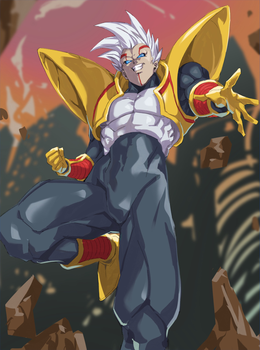 1boy absurdres baby_(dragon_ball) blue_eyes blurry blurry_background building clenched_hand covered_navel destruction dragon_ball dragon_ball_(classic) dragon_ball_gt evil_grin evil_smile facial_hair facial_mark floating gloves gradient gradient_sky grin highres male_focus muscular no_pupils open_hand pretty-purin720 rock sky smile solo tight white_hair yellow_footwear yellow_gloves