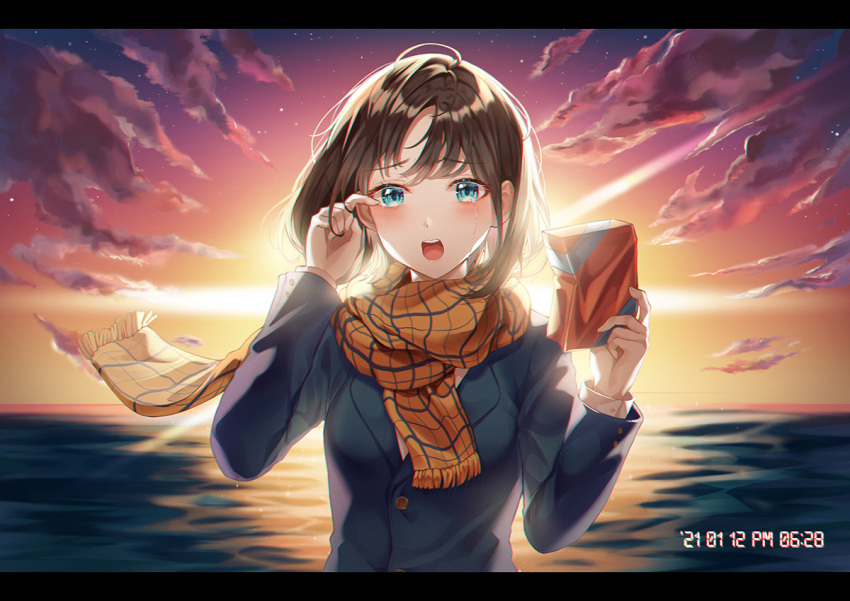 1girl :o bangs blazer blue_eyes blush bob_cut brown_hair crying crying_with_eyes_open dated gift hand_in_hair helawid jacket letterboxed long_hair looking_at_viewer orange_scarf original outdoors parted_bangs scarf school_uniform solo sunlight tears twilight uniform upper_body wind
