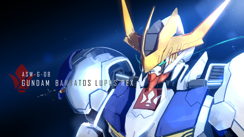 aqua_eyes black_background character_name glowing glowing_eyes gundam gundam_barbatos gundam_barbatos_lupus_rex gundam_tekketsu_no_orphans looking_down mecha no_humans science_fiction serike_w solo upper_body