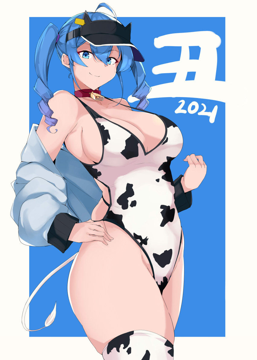 1girl 2021 absurdres ahoge animal_print bell bell_collar blue_background blue_eyes blue_hair border breasts closed_mouth collar commentary_request copyright_request cow_print cow_tail cowbell eyebrows_visible_through_hair hair_between_eyes hand_on_hip highres large_breasts looking_at_viewer maruyaa_(malya1006) medium_hair one-piece_swimsuit red_collar simple_background smile solo swimsuit tail thigh-highs twintails visor_cap white_border white_legwear white_swimsuit