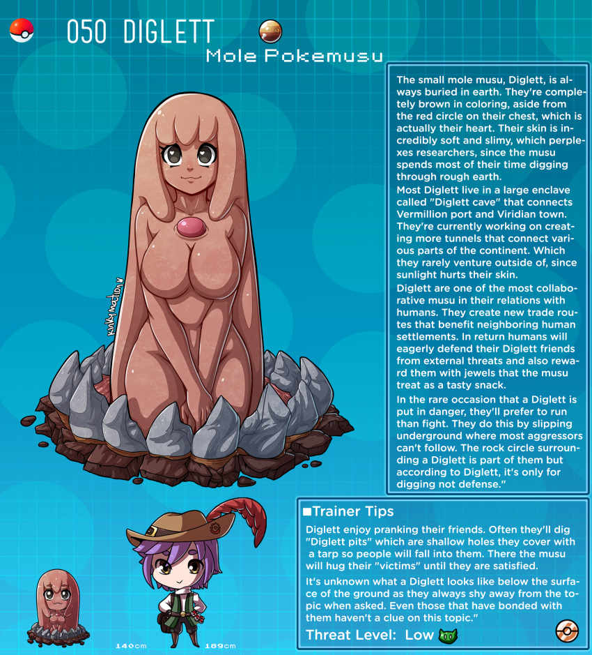 1boy 1girl artist_name breasts character_name character_profile diglett english_commentary gen_1_pokemon grey_eyes hat heart heart-shaped_pupils highres kinkymation large_breasts no_nipples own_hands_together personification poke_ball pokemon purple_hair symbol-shaped_pupils