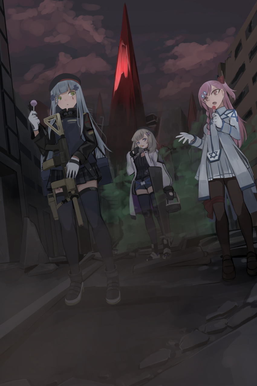 3girls aa-12_(girls_frontline) assault_rifle beret boots candy chcn city cityscape commentary_request dark_sky eating food food_in_mouth girls_frontline gloves gun h&amp;k_hk416 hat hexagram highres hk416_(girls_frontline) lollipop monolith_(object) multiple_girls negev_(girls_frontline) pantyhose rifle shoes star_of_david suppressor thigh-highs weapon