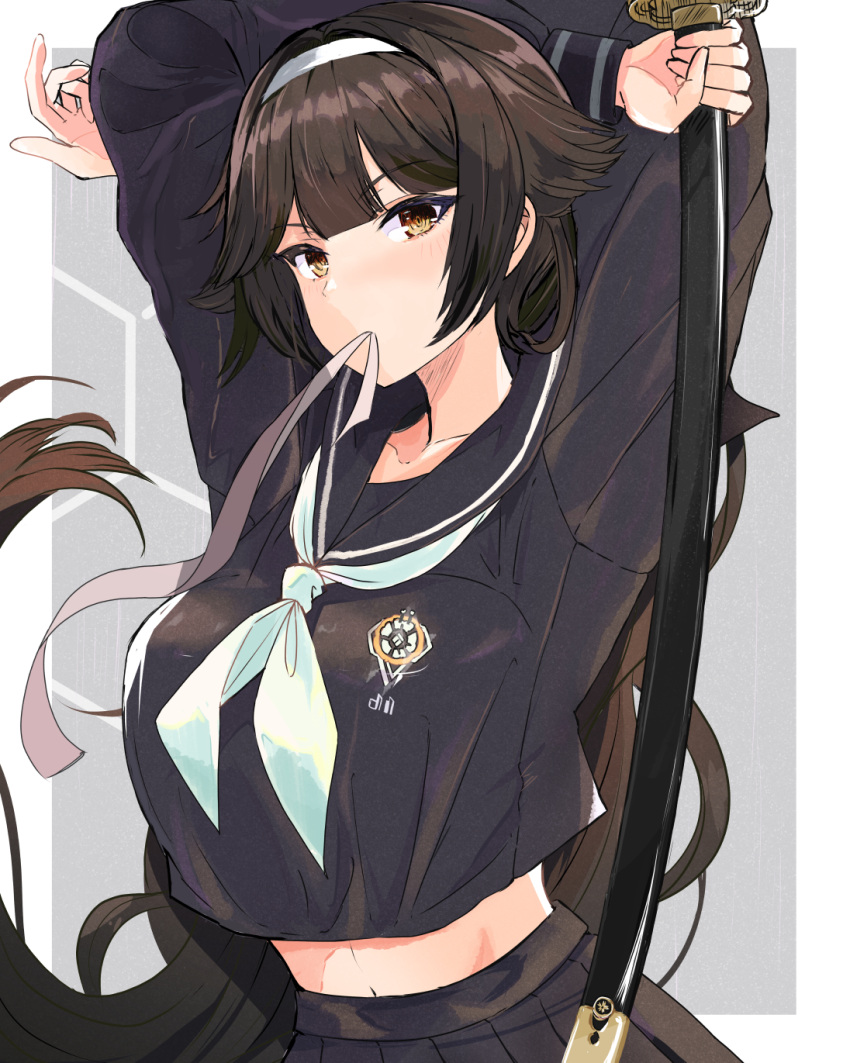 1girl akatuki arms_up azur_lane black_sailor_collar black_serafuku black_shirt black_skirt brown_hair crop_top crop_top_overhang extra_ears hair_ears hairband highres holding holding_sword holding_weapon long_hair looking_at_viewer midriff miniskirt mouth_hold pleated_skirt ribbon sailor_collar school_uniform serafuku sheath sheathed shirt skirt solo sword takao_(academy_romantica)_(azur_lane) takao_(azur_lane) very_long_hair weapon white_hairband white_neckwear white_ribbon yellow_eyes