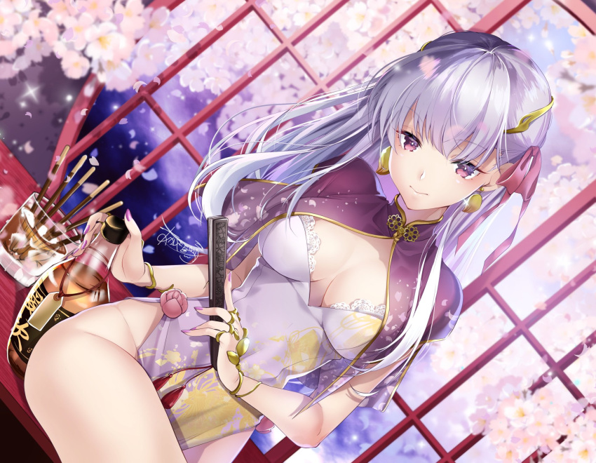 1girl akatsuki_hijiri alcohol bangs breasts breasts_apart cherry_blossoms china_dress china_minidress chinese_clothes closed_fan dress earrings fan fate/grand_order fate_(series) folding_fan food glass hair_ribbon highres jewelry kama_(fate/grand_order) lace-trimmed_dress lace_trim long_hair looking_at_viewer no_bra no_panties pelvic_curtain pocky red_eyes ribbon silver_hair smile solo thighs type-moon