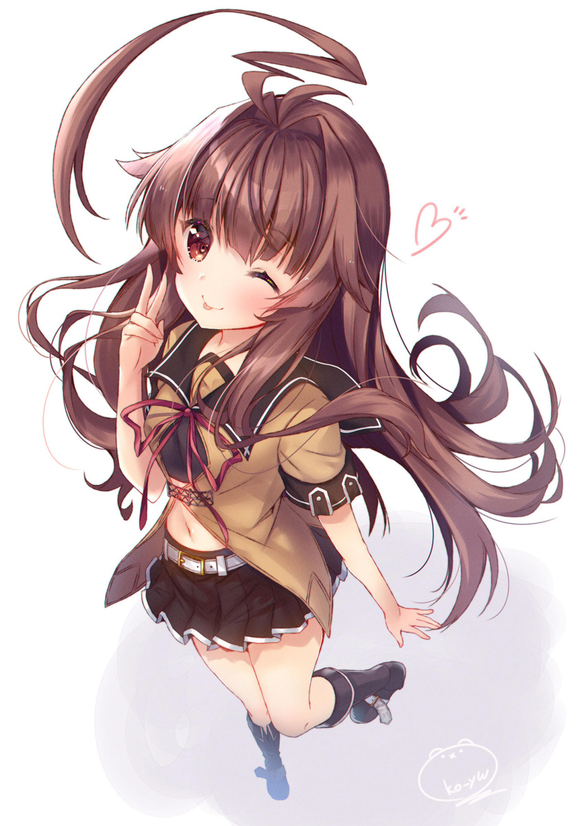 1girl :p ahoge belt black_footwear black_skirt blush boots brown_eyes brown_hair commentary_request from_above heart highres huge_ahoge kantai_collection ko_yu kuma_(kantai_collection) long_hair midriff navel neck_ribbon one_eye_closed perspective pleated_skirt red_neckwear remodel_(kantai_collection) ribbon sailor_collar sailor_shirt school_uniform serafuku shirt short_sleeves simple_background skirt smile solo tongue tongue_out v white_background
