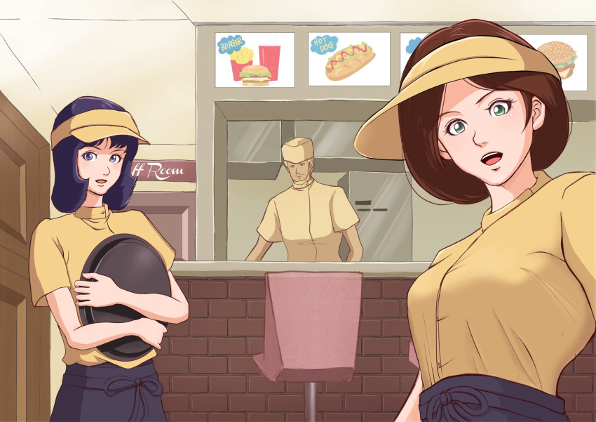 1boy 2girls alternate_costume beard black_eyes black_hair black_skirt blonde_hair breasts brown_hair emma_sheen employee_uniform fa_yuiry facial_hair fast_food fast_food_uniform green_eyes gundam henken_bekkener highres looking_at_viewer medium_breasts medium_hair miki_(miki125dragon) multiple_girls mustache open_mouth restaurant skirt uniform visor_cap zeta_gundam