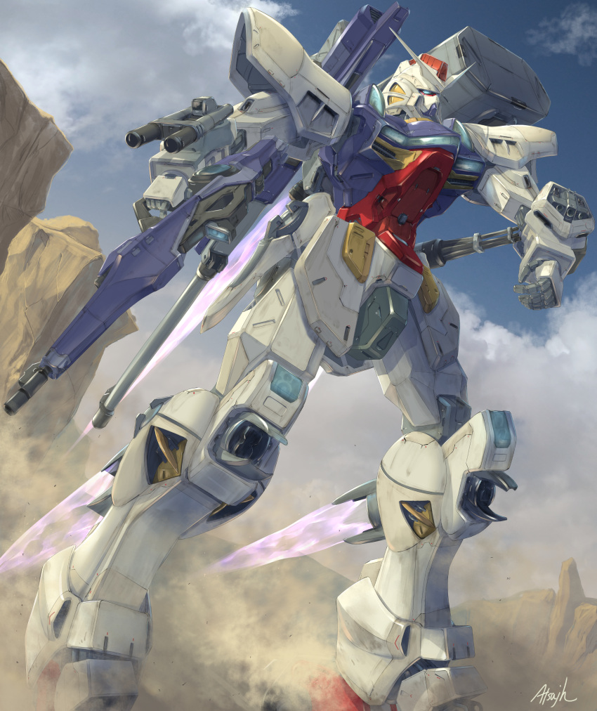 absurdres arm_cannon artist_name atsajh blue_eyes clenched_hand clouds commission g3-saviour gun gundam gundam_g-saviour highres holding holding_gun holding_weapon looking_up mecha no_humans skeb_commission sky solo thrusters v-fin weapon