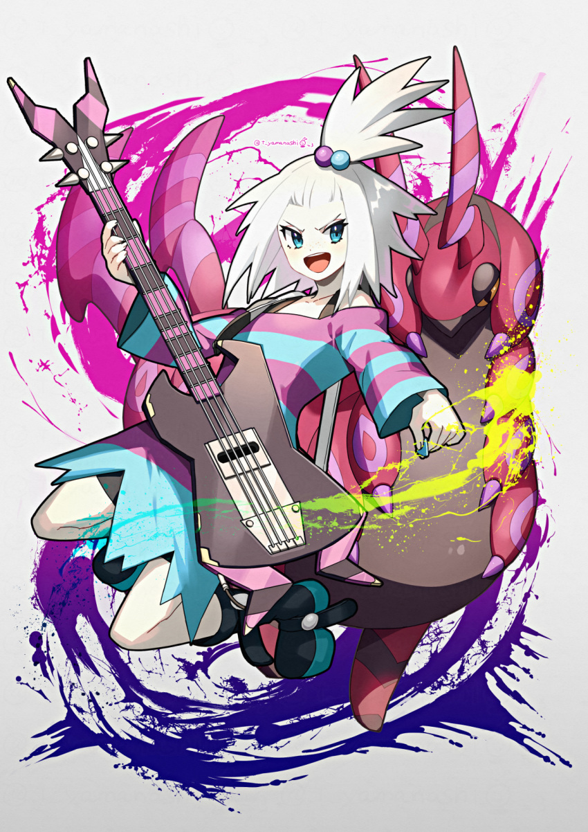 1girl bass_guitar bike_shorts boots commentary_request dress eyelashes gen_5_pokemon gym_leader hair_bobbles hair_ornament highres holding_plectrum instrument long_sleeves looking_to_the_side medium_hair open_mouth plectrum pokemon pokemon_(creature) pokemon_(game) pokemon_bw2 roxie_(pokemon) scolipede short_dress smile striped striped_dress teeth tongue topknot white_hair yamanashi_taiki