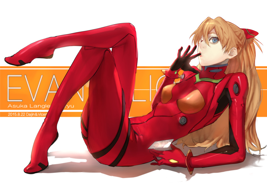 1girl arm_support brown_hair character_name copyright_name crossed_legs eating finger_in_mouth finger_sucking food_request hair_between_eyes highres interface_headset long_hair looking_at_viewer lying neon_genesis_evangelion on_stomach painttool_sai_(medium) plugsuit solo solo_focus souryuu_asuka_langley vicennter white_background