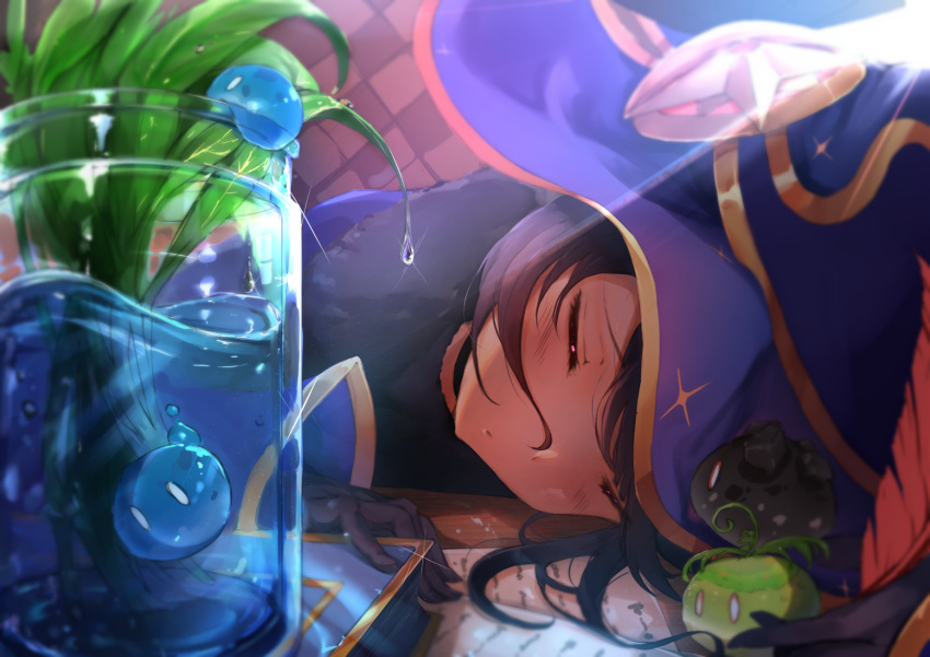 1girl blush closed_eyes fur_trim genshin_impact hat highres indoors kanon_(kanon_kanon0770) mona_(genshin_impact) paper parted_lips plant purple_hair sleeping slime solo sunlight table tired twintails vase water witch_hat