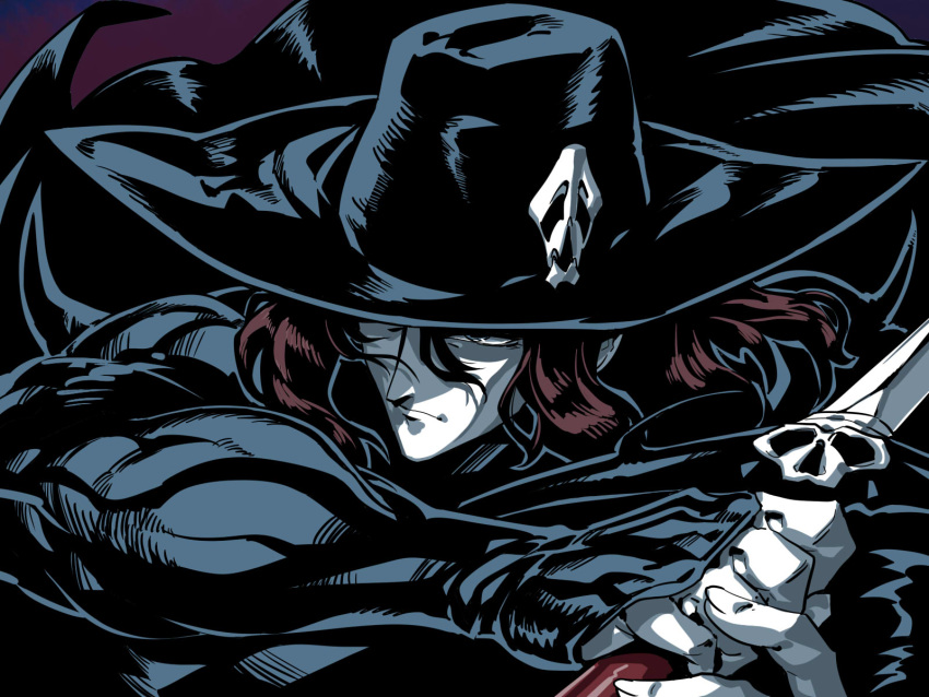 1boy brown_hair cape closed_mouth d_(vampire_hunter_d) hat highres male_focus muscular simple_background solo sword tukiwani vampire vampire_hunter_d weapon