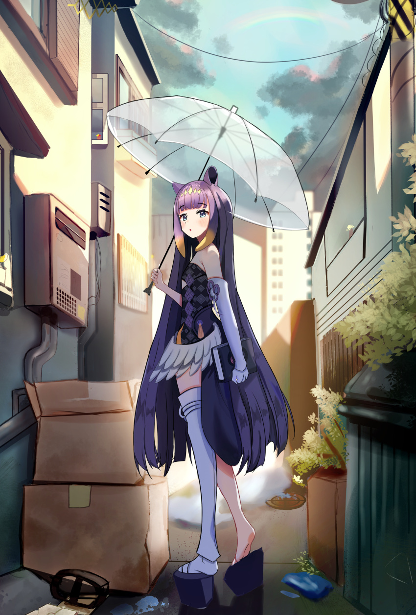 1girl :o absurdres ao-chan_(ninomae_ina'nis) bangs blue_eyes blush book box cardboard_box detached_sleeves eyebrows_visible_through_hair gloves hair_flaps highres holding holding_book holding_umbrella hololive hololive_english kamery long_hair looking_at_viewer ninomae_ina'nis open_mouth platform_footwear purple_hair single_detached_sleeve single_glove single_thighhigh solo standing tentacle_hair thigh-highs transparent transparent_umbrella trash_can umbrella very_long_hair virtual_youtuber white_gloves wings