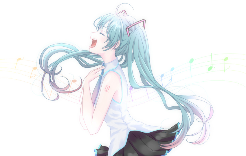 1girl bare_arms bare_shoulders black_skirt blue_hair blue_nails blue_neckwear collared_shirt colored_eyelashes colorful commentary_request eyelashes fingernails flat_chest floating_hair from_side gradient gradient_background hands_on_own_chest hands_up happy hatsune_miku long_hair multicolored multicolored_background music necktie nicarali number_tattoo open_mouth pink_hair pleated_skirt purple_hair shirt shoulder_tattoo simple_background singing skirt sleeveless sleeveless_shirt solo staff_(music) tareme tattoo teeth tongue twintails upper_body upper_teeth vocaloid white_background white_shirt