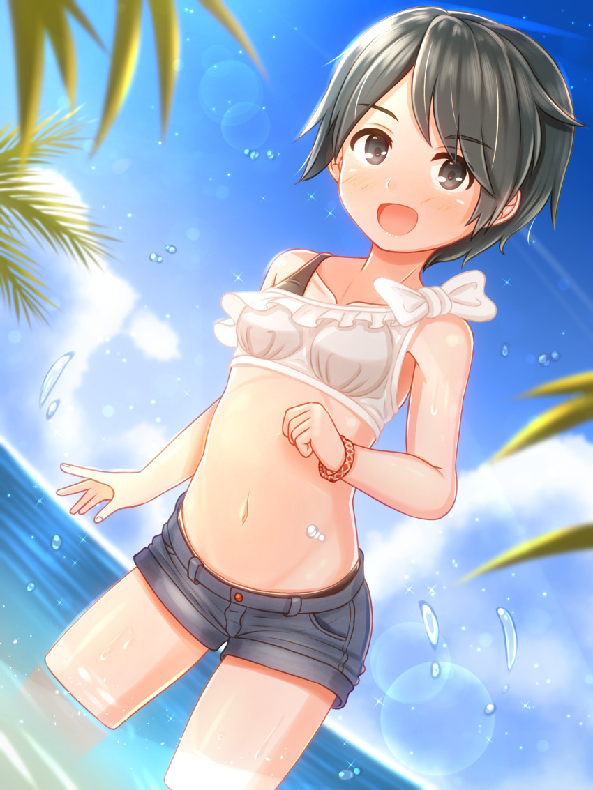 1girl absurdres bikini black_eyes black_hair black_shorts blue_sky clouds commentary_request day dutch_angle highres kantai_collection looking_at_viewer mismatched_bikini mogami_(kantai_collection) ocean open_mouth outdoors short_hair shorts sky soaking_feet solo standing suzushiro_(gripen39) swimsuit