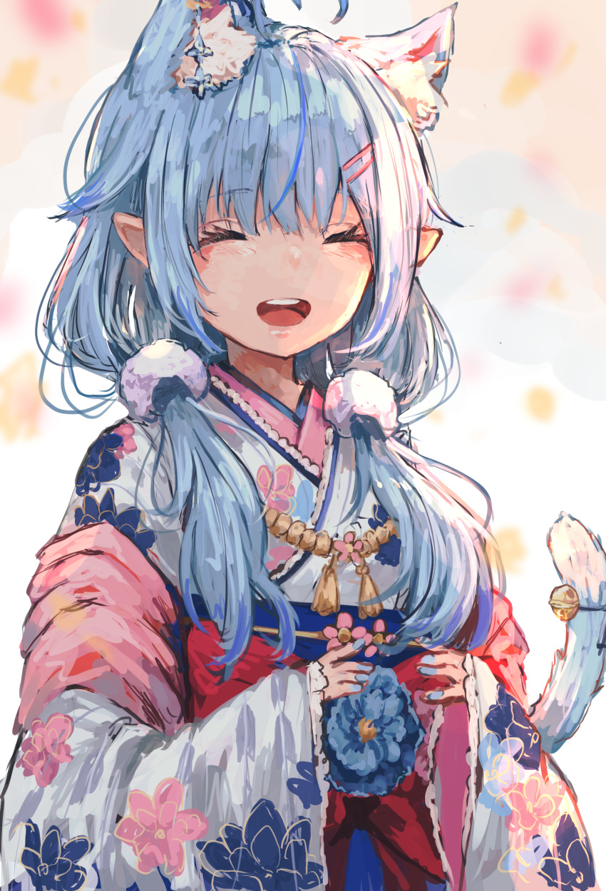 1girl :d ^_^ absurdres ahoge animal_ear_fluff animal_ears bangs blue_flower blue_hakama blue_nails blush cat_ears cat_girl cat_tail closed_eyes commentary_request eyebrows_visible_through_hair facing_viewer floral_print flower hair_between_eyes hair_over_shoulder hakama highres hololive japanese_clothes kemonomimi_mode kimono long_hair long_sleeves looking_at_viewer low_twintails multicolored_hair nail_polish nyucha obi open_mouth print_kimono red_flower round_teeth sash sleeves_past_wrists smile solo streaked_hair tail teeth twintails upper_teeth virtual_youtuber white_kimono wide_sleeves yukihana_lamy