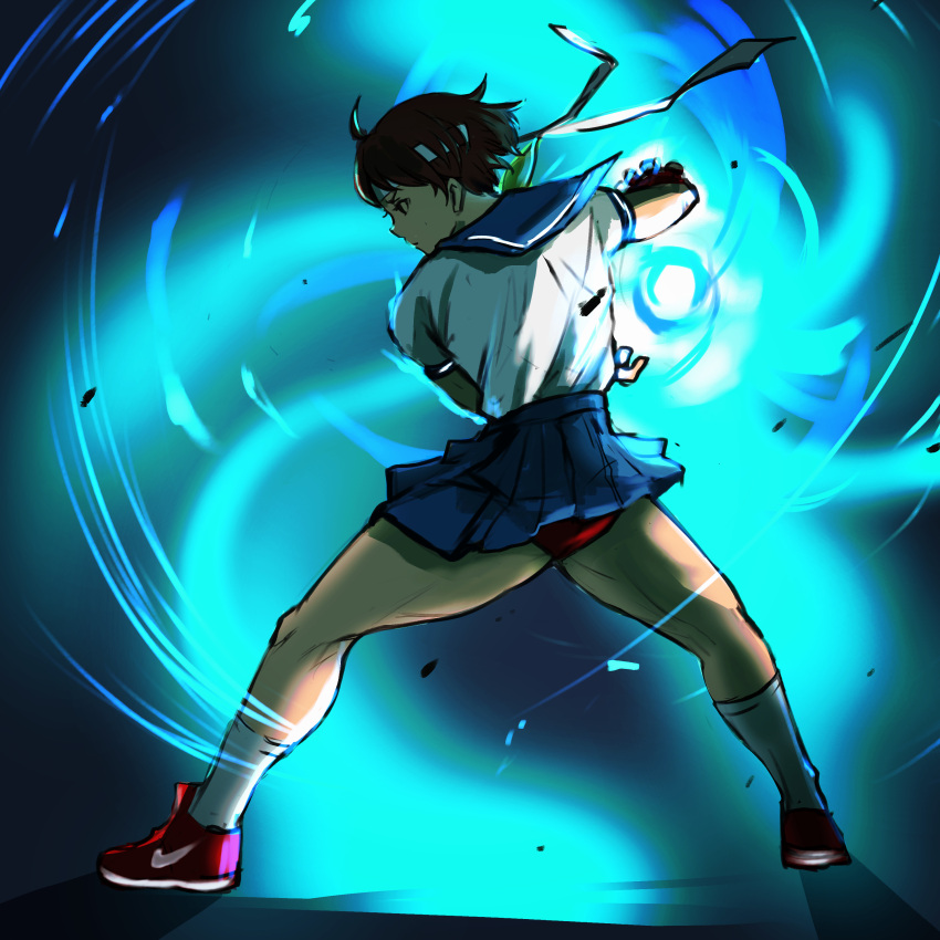 1girl 6maker absurdres ahoge ass blue_sailor_collar blue_skirt brown_hair buruma energy_ball fighting_stance flat_ass from_behind from_side full_body hadouken headband highres kasugano_sakura kneepits nike pleated_skirt powering_up red_buruma red_footwear sailor_collar school_uniform serafuku serious shoes short_hair skirt sneakers socks solo standing street_fighter street_fighter_zero_(series) thick_thighs thighs upskirt white_headband white_legwear wind wind_lift