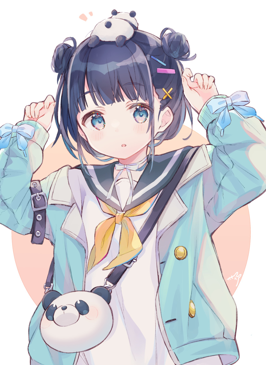 1girl animal_bag arms_up bag bangs black_hair black_sailor_collar blue_bow blue_eyes blue_jacket blush bow brown_background commentary_request double_bun eyebrows_visible_through_hair hair_ornament hairclip highres jacket long_sleeves looking_at_viewer neckerchief notice_lines on_head open_clothes open_jacket original parted_lips puffy_long_sleeves puffy_sleeves sailor_collar school_uniform sencha_(senta_10) serafuku shirt shoulder_bag signature sleeves_past_wrists solo stuffed_animal stuffed_panda stuffed_toy two-tone_background upper_body white_background white_shirt x_hair_ornament yellow_neckwear