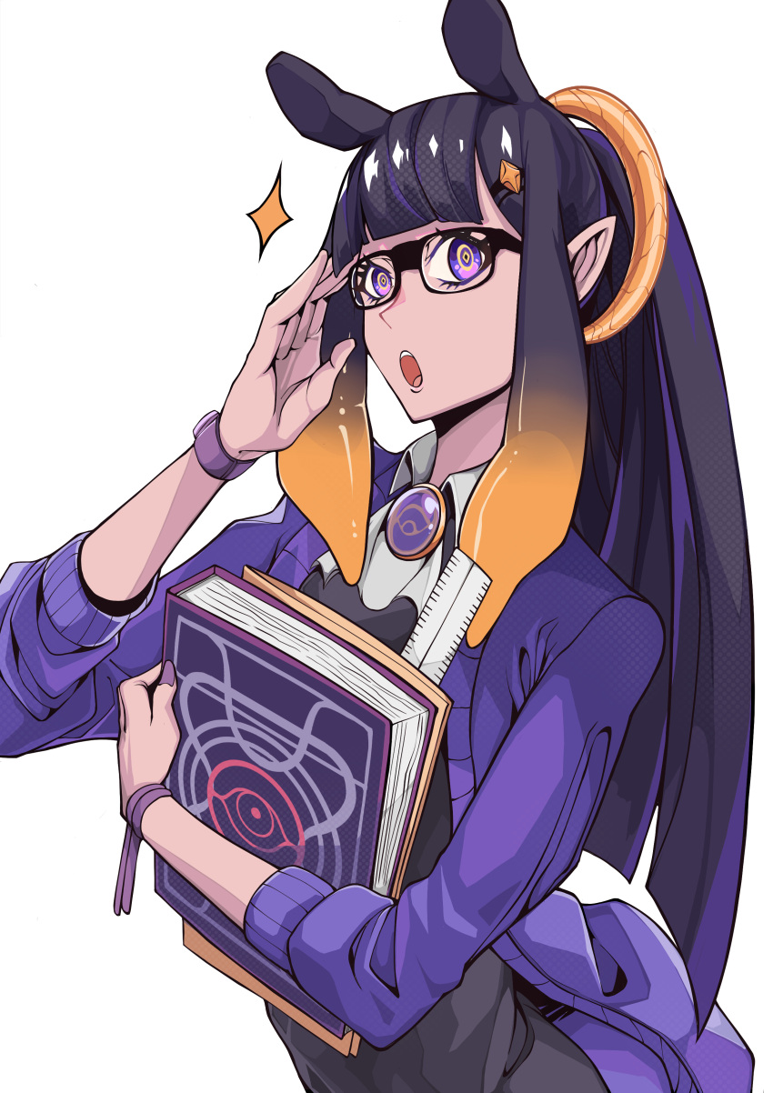 1girl :o absurdres alternate_costume alternate_hairstyle ao-chan_(ninomae_ina'nis) bespectacled black_hair black_sweater book cardigan collared_shirt from_side glasses hand_on_eyewear highres holding holding_book hololive hololive_english long_ponytail ninomae_ina'nis open_mouth pointy_ears ponytail porko purple_cardigan shirt solo sparkle sweater tentacle_hair violet_eyes virtual_youtuber watch watch white_background white_shirt