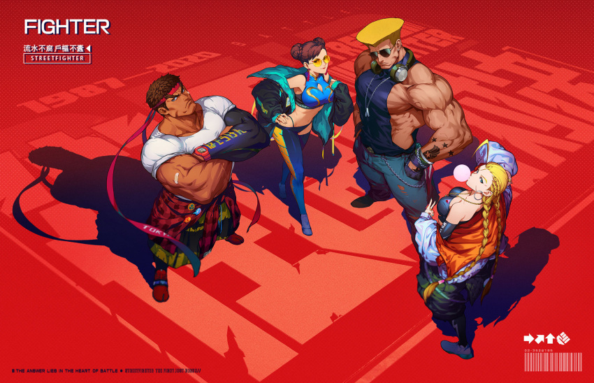 2boys 2girls adapted_costume ahoge arm_tattoo aviator_sunglasses baggy_clothes baggy_pants bandaid bandaid_on_arm bare_shoulders black_gloves black_hair black_legwear black_sleeves blonde_hair braid breasts bubble_blowing cammy_white casio casual chewing_gum chun-li cleavage_cutout clothes_around_waist clothing_cutout commentary_request crossed_arms dark_skin dark_skinned_male denim detached_leggings detached_sleeves dog_tags double_bun earrings fashion fingernails flattop glasses gloves green_nails guile halter_top halterneck hand_on_hip headband headphones headphones_around_neck highleg highleg_panties highres hoop_earrings huge_ahoge impossible_clothes jacket jeans jewelry large_breasts leggings long_braid long_hair looking_at_viewer looking_back looking_up medium_breasts midriff multicolored multicolored_clothes multicolored_jacket multiple_boys multiple_girls muscular muscular_male nail_polish navel off-shoulder_jacket official_art opaque_glasses panties pants pectorals plaid plaid_shirt red_background red_footwear red_headband rimless_eyewear ring round_eyewear ryu_(street_fighter) shirt shirt_around_waist shoes short_hair single_detached_sleeve sleeveless sleeves_rolled_up sneakers street_fighter street_fighter:_duel stud_earrings sunglasses t-shirt tan tattoo thick_eyebrows tight tight_pants torn_clothes torn_jeans torn_pants twin_braids underwear v watch watch white_footwear wireless xin_wang yellow-tinted_eyewear