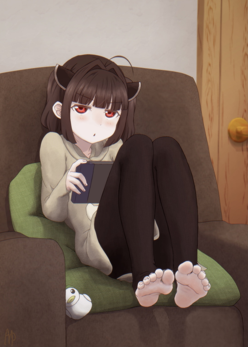 1girl artist_request barefoot black_hair black_legwear brown_hair couch door full_body highres looking_at_viewer nintendo_switch pantyhose red_eyes short_hair soles sweater tablet_pc thigh-highs toes touhoku_kiritan voiceroid