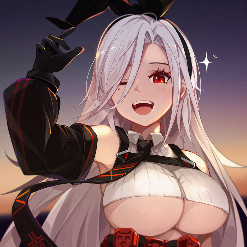 1girl ;d absurdres arm_up armpits azur_lane bangs bare_shoulders black_gloves black_hairband black_neckwear black_sleeves blush breasts collared_shirt commentary_request crop_top detached_sleeves eyebrows_behind_hair gloves hair_between_eyes hairband highres iron_blood_(emblem) korean_commentary large_breasts lave2600 long_hair looking_at_viewer mixed-language_commentary mole mole_under_eye necktie one_eye_closed open_mouth parted_bangs prinz_heinrich_(azur_lane) red_eyes ribbed_shirt shirt sidelocks smile solo sparkle sunset under_boob upper_body upper_teeth very_long_hair white_hair