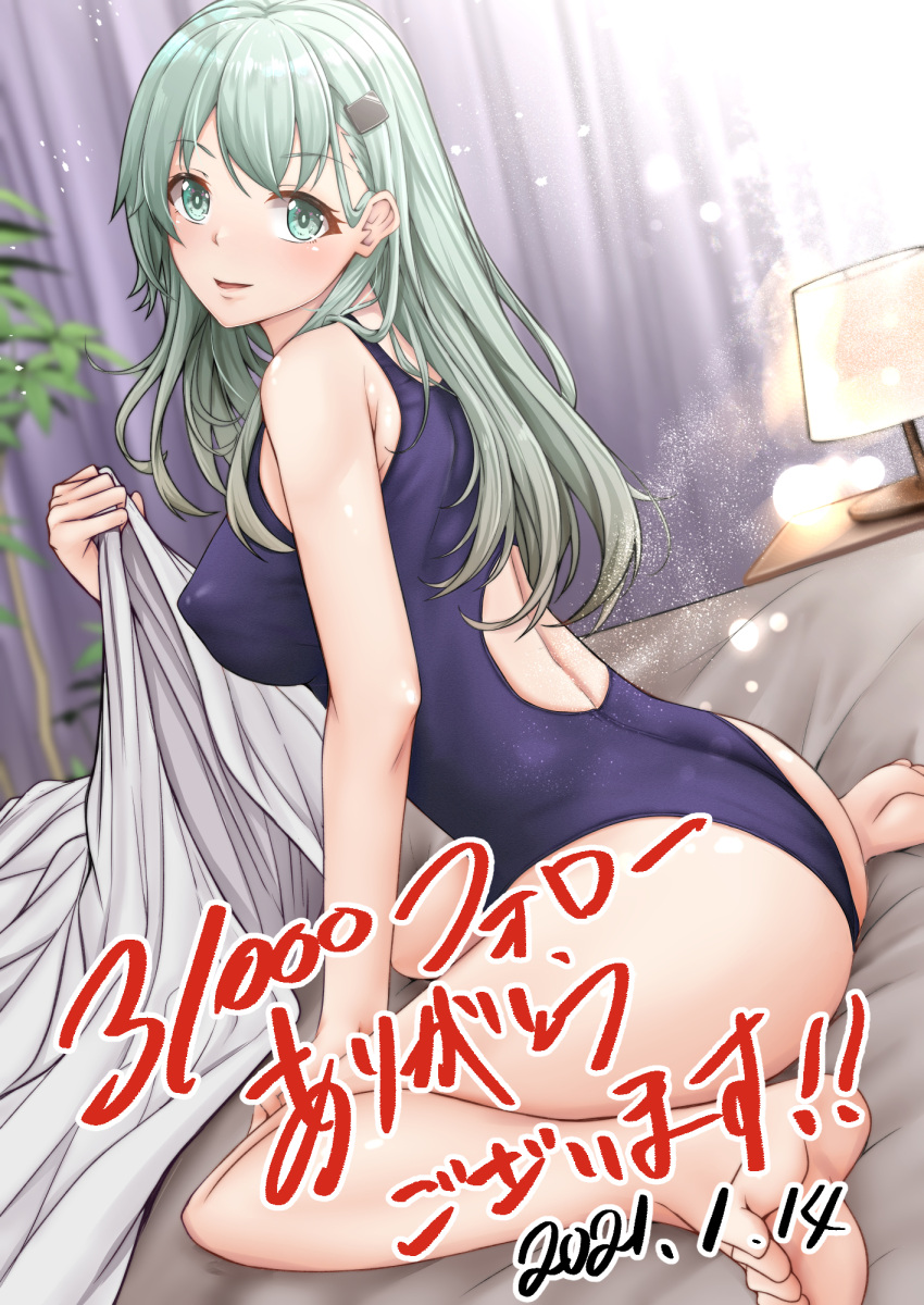 1girl ass barefoot bed bed_sheet black_swimsuit commentary_request competition_swimsuit covered_nipples curtains dated dutch_angle green_eyes green_hair hair_ornament hairclip highres kantai_collection lamp long_hair milestone_celebration one-piece_swimsuit plant shohei_(piranha5hk) sitting solo suzuya_(kantai_collection) swimsuit wariza