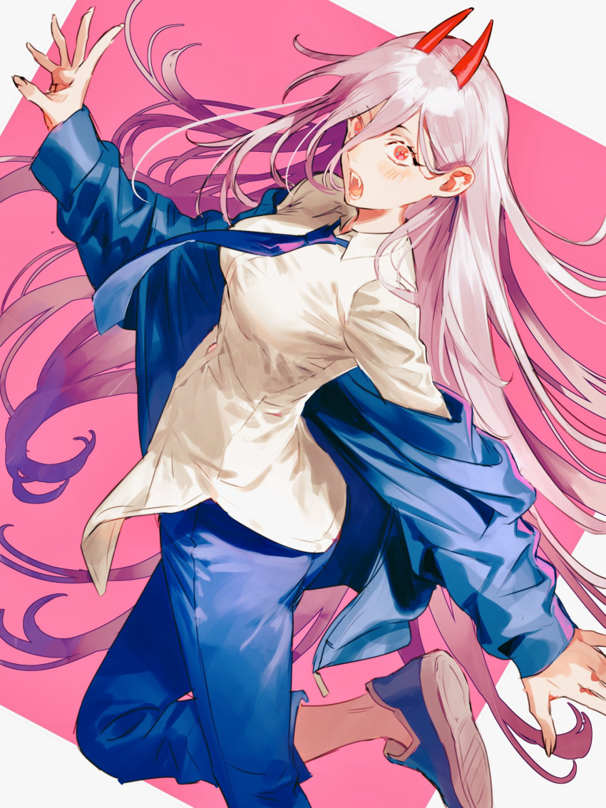 1girl bikkusama blue_jacket blue_pants chainsaw_man collared_shirt fangs hair_between_eyes hand_up highres horns jacket leg_up long_hair long_sleeves necktie off_shoulder open_mouth pants pink_background pink_hair power_(chainsaw_man) purple_neckwear red_eyes red_horns shirt shoes solo very_long_hair white_shirt