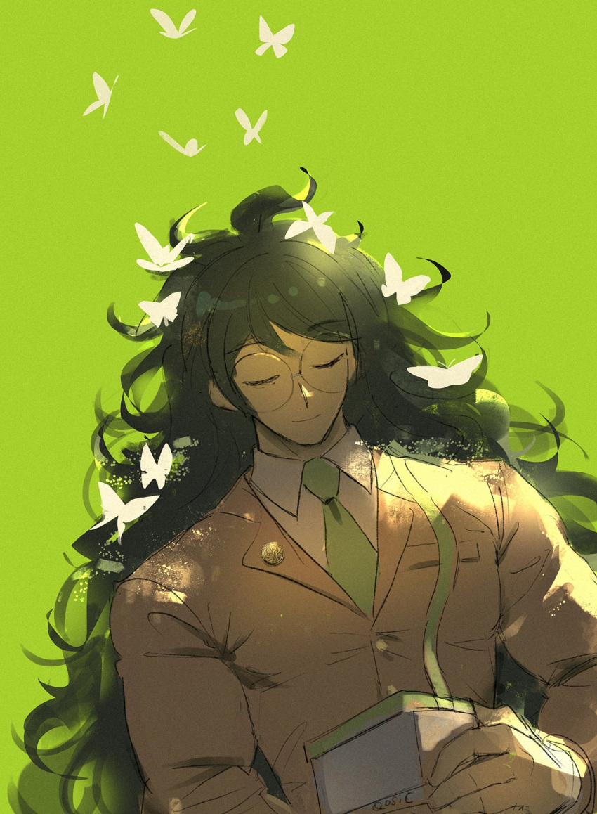1boy artist_name bangs box brown_hair brown_jacket bug butterfly closed_eyes closed_mouth collared_shirt commentary_request dangan_ronpa_(series) dangan_ronpa_v3:_killing_harmony glasses gokuhara_gonta green_background green_neckwear green_theme hair_ornament highres holding holding_box insect jacket long_hair long_sleeves lying male_focus messy_hair necktie on_back qosic rimless_eyewear round_eyewear semi-rimless_eyewear shirt simple_background sleeping solo upper_body