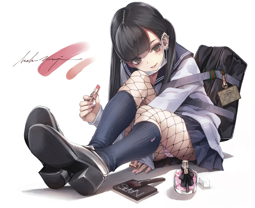 1girl absurdres backpack bag black_footwear black_hair black_legwear black_skirt bottle brown_eyes commentary_request cosmetics ear_piercing fishnet_legwear fishnets full_body highres holding holding_lipstick_tube kneehighs koh_(minagi_kou) lipstick lipstick_tube long_hair long_sleeves looking_at_viewer makeup mole mole_under_eye original parted_lips perfume_bottle piercing pleated_skirt revision school_uniform serafuku shoe_soles shoes simple_background sitting skirt smile solo white_background