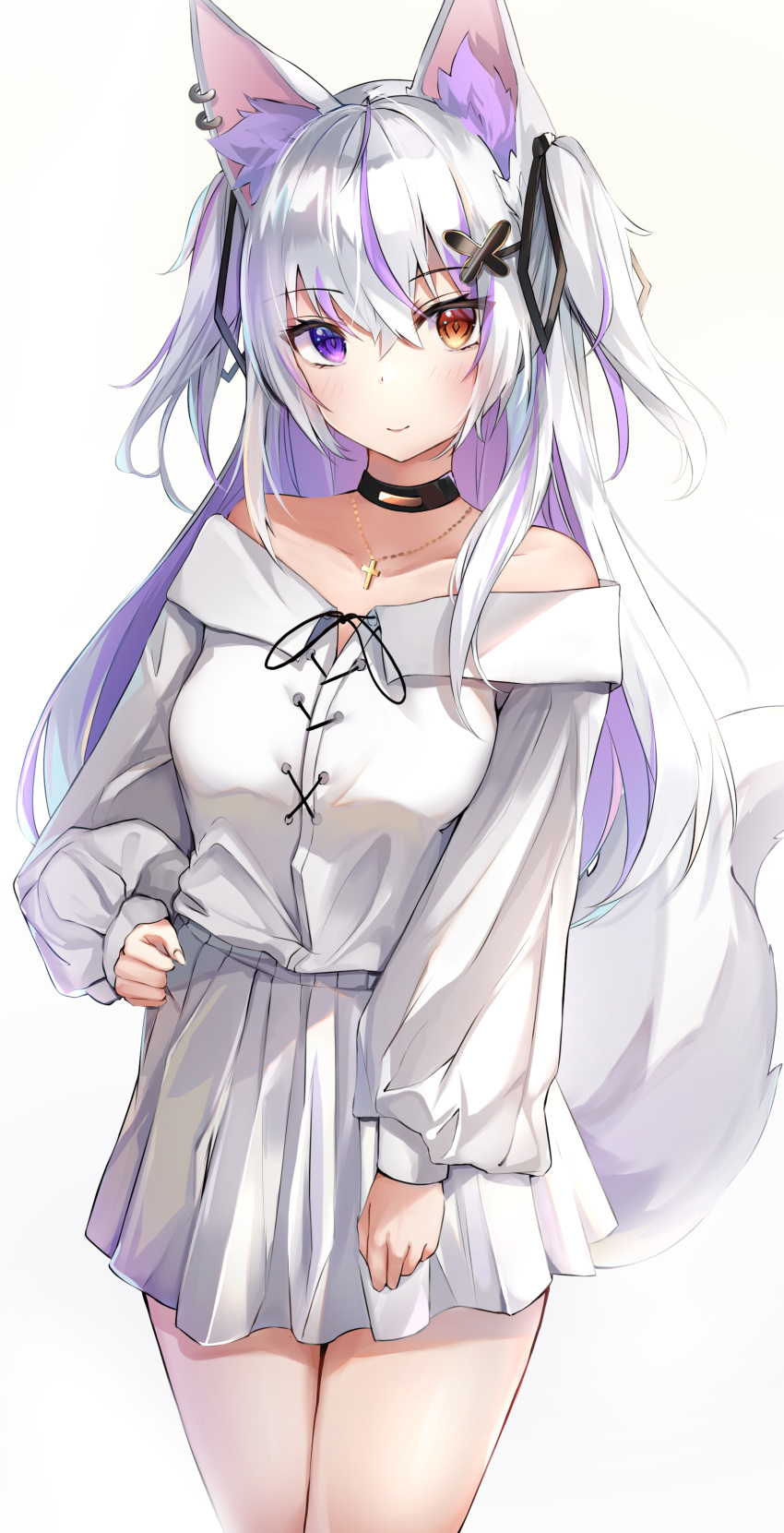1girl absurdres animal_ear_fluff animal_ears bangs bare_shoulders black_choker black_ribbon blush brown_eyes choker closed_mouth collarbone commentary_request cross cross_necklace ear_piercing eyebrows_visible_through_hair fox_ears fox_girl fox_tail hair_between_eyes hair_ribbon hand_on_hip heterochromia highres jewelry kurohikage long_sleeves multicolored_hair necklace off-shoulder_shirt off_shoulder original piercing pleated_skirt puffy_long_sleeves puffy_sleeves purple_hair ribbon shirt silver_hair simple_background skirt sleeves_past_wrists smile solo streaked_hair tail tail_raised two-tone_hair two_side_up violet_eyes white_background white_shirt white_skirt