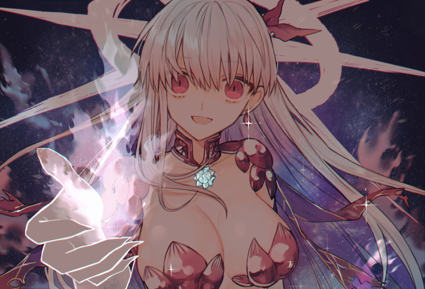1girl absurdres albino_(a1b1n0623) earrings fate/grand_order fate_(series) fingernails flaming_hand flower halo highres huge_filesize jewelry kama_(fate/grand_order) long_hair looking_at_viewer lotus outstretched_arm red_eyes revealing_clothes sharp_fingernails silver_hair solo space starry_background very_long_hair yandere