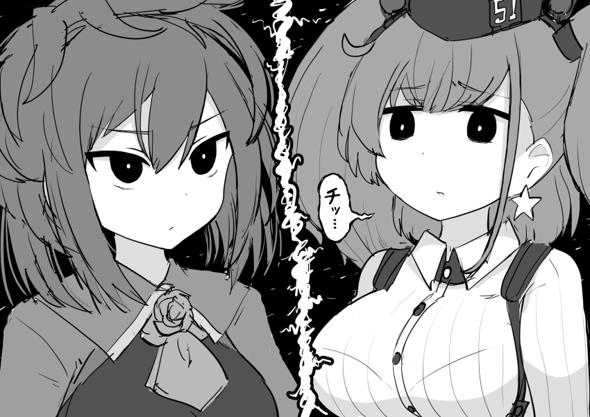 2girls ascot atlanta_(kantai_collection) breasts commentary_request dress_shirt earrings flower garrison_cap greyscale hat highres jewelry kantai_collection large_breasts long_hair military military_uniform monochrome multiple_girls rose sheffield_(kantai_collection) shirt simoyuki star_(symbol) star_earrings suspenders two_side_up uniform upper_body
