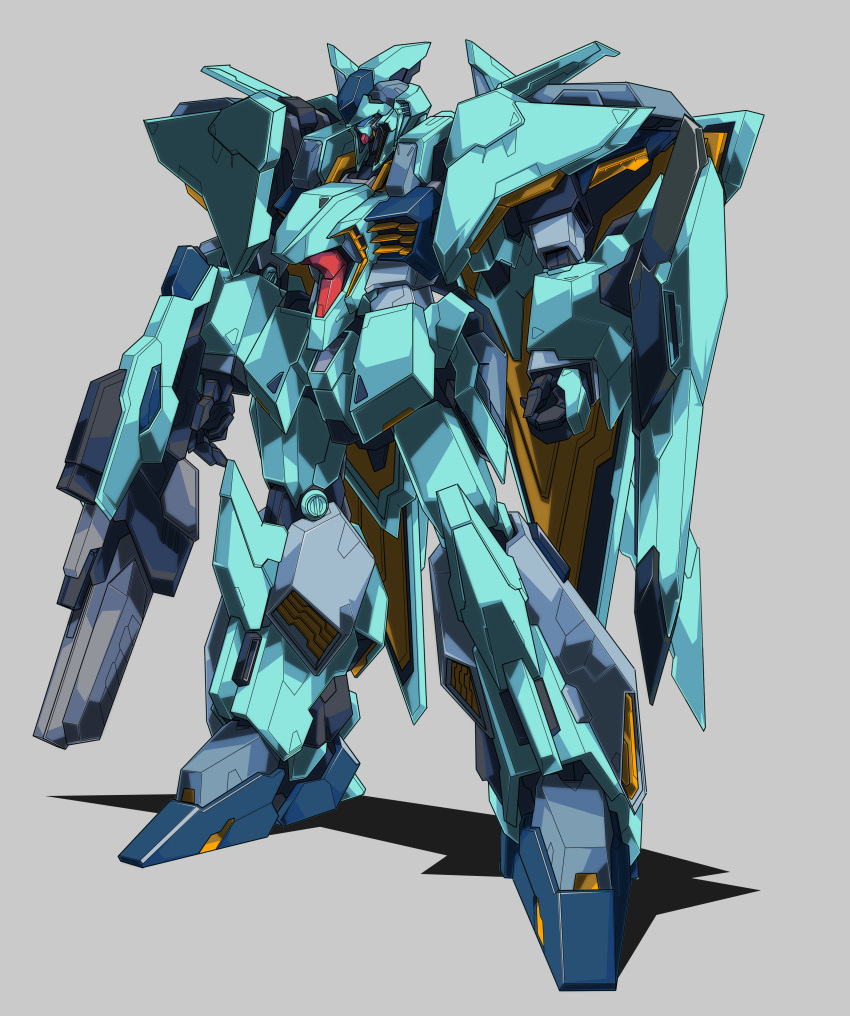 absurdres beastkingbarbaros clenched_hand commentary commentary_request grey_background gun gundam gundam_hathaway's_flash highres holding holding_gun holding_weapon looking_down mecha no_humans partial_commentary redesign shadow standing visor weapon xi_gundam