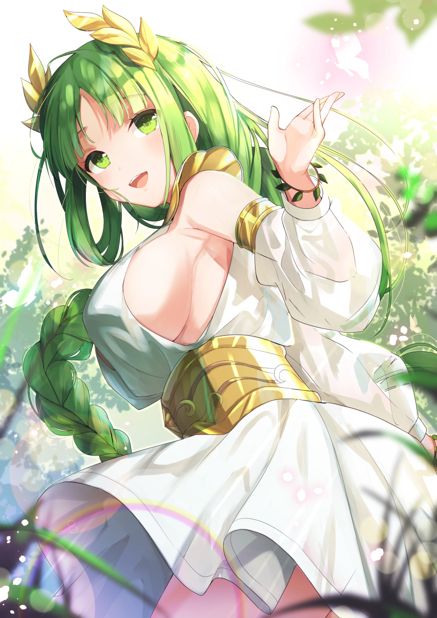 1girl absurdres afk_arena armpits bangs blurry blurry_foreground blush braid breasts bug butterfly commentary_request day depth_of_field detached_sleeves dress eyebrows_visible_through_hair eyes_visible_through_hair flora_(afk_arena) goroo_(eneosu) green_eyes green_hair hair_ornament highres insect large_breasts long_hair looking_at_viewer open_mouth outdoors parted_bangs puffy_sleeves see-through_sleeves sideboob single_braid smile solo upper_teeth white_dress