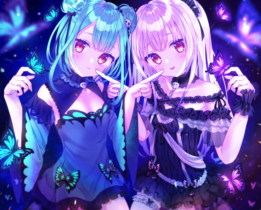 2girls armpit_peek bangs black_dress blue_dress brown_eyes bug butterfly cheek_poking cleavage_cutout clothing_cutout detached_collar detached_sleeves double_bun dress eyebrows_visible_through_hair flat_chest glowing glowing_butterfly green_hair highres hololive insect kappe_reeka long_hair looking_at_viewer multiple_girls open_mouth pink_hair poking short_hair smile uruha_rushia virtual_youtuber