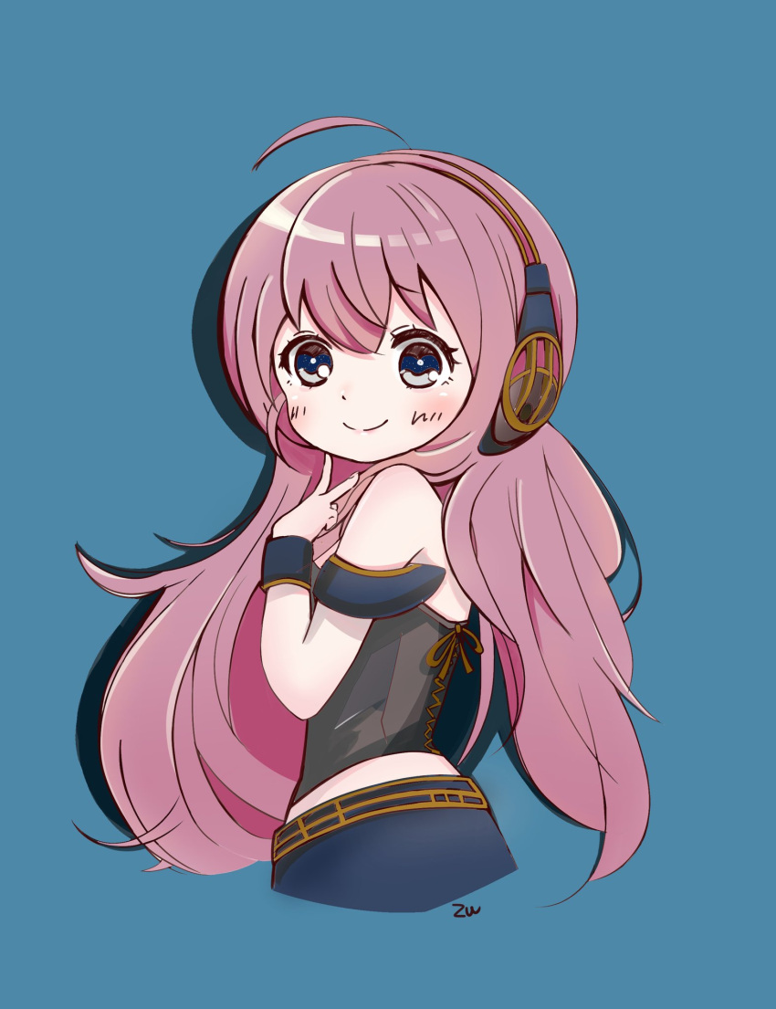 1girl armband bare_shoulders black_shirt blue_background blue_eyes blue_skirt chibi commentary cropped_torso from_behind gold_trim hand_up headphones highres long_hair looking_at_viewer looking_to_the_side megurine_luka megurine_luka_(vocaloid4) pink_hair shirt skirt solo upper_body v v4x very_long_hair vocaloid wrist_cuffs zuu100lev