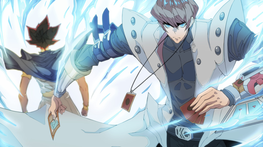 2boys absurdres atem belt black_belt black_hair blue-eyes_white_dragon blue_eyes brown_hair card clenched_hand dark_skin dark_skinned_male duel_disk energy hair_behind_ear highres holding holding_card jacket jewelry kaiba_seto looking_at_viewer male_focus multicolored_hair multiple_boys necklace pectorals porko redhead skin_tight trading_card white_jacket yu-gi-oh!