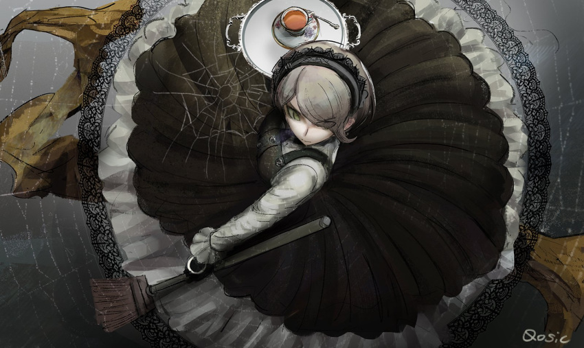 1girl artist_name bangs black_dress boots breasts broom closed_mouth commentary_request cup dangan_ronpa_(series) dangan_ronpa_v3:_killing_harmony dress eyes_visible_through_hair from_above green_eyes hair_over_one_eye highres holding holding_broom holding_cup holding_tray lace-trimmed_dress lace_trim large_breasts long_sleeves looking_at_viewer maid maid_headdress pinafore_dress qosic rain shirt short_hair sketch solo spider_web_print teacup teaspoon toujou_kirumi tray white_shirt